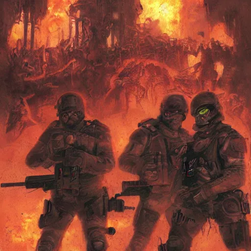 Image similar to tactical team in hell, by jon foster