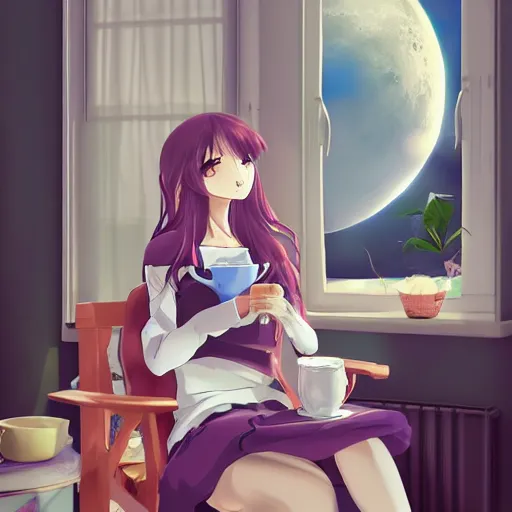 Prompt: a beautiful anime woman enjoying a cup of tea while sitting on a reclining chair in her room and looking at the moon from her window, anime, concept art, trending on artstation 3D.