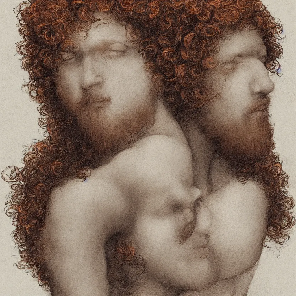 Prompt: illustration of a short curly orange hair man as a portrait, smooth, reflects, masterpiece artwork, ultra detailed, artgerm, style by leonardo da vinci, digital art, trending on artstation, behance, deviantart