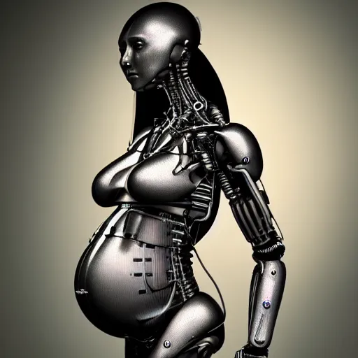 Image similar to pregnant female humanoid cyborg consisting of human parts and robot parts, 8 k, highly detailed, realistic, refined, bautiful, fine art photography, hyper realistic, photo realistic, elegant, sharp focus, majestic, award winning picture, intricate, artstation,