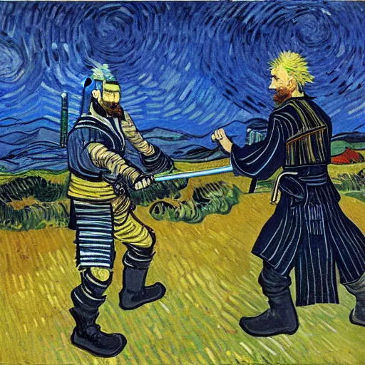 Image similar to samurai fights robots by van gogh