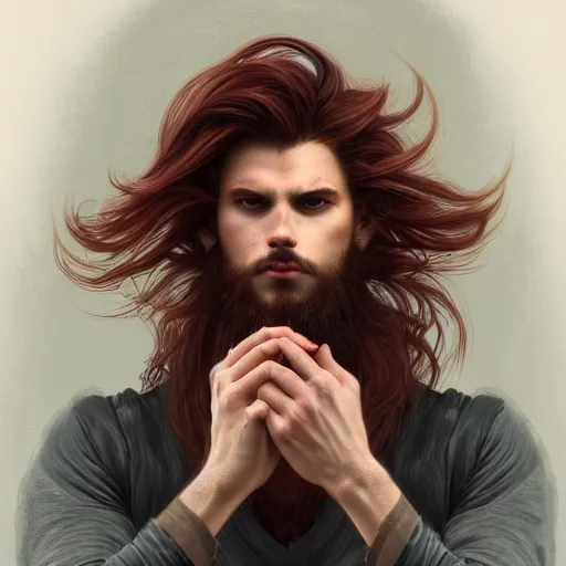 Image similar to portrait of a man - wolf, male, handsome, masculine, full body, red hair, long hair, soft hair, fantasy, intricate, elegant, highly detailed, suit, coffee shop, digital painting, artstation, concept art, character art, smooth, sharp focus, illustration, art by artgerm and greg rutkowski and alphonse mucha
