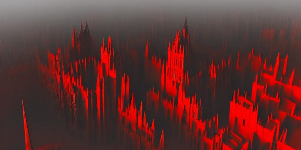 Image similar to dark gothic cathedral, gothic architecture, at the top of a red rock canyon, artstation concept art, beautiful matte painting, aerial view, red and orange and black color palette, chiaroscuro lighting