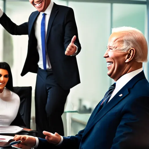 Image similar to stock photo of kim kardashian, and joe biden wearing suits and ties laughing in an office building, 8k resolution, full HD, cinematic lighting, award winning, anatomically correct