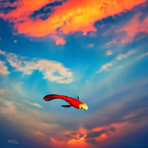 Image similar to photograph of a flying koi fish, majestic, clouds in the background, sharp focus, beautiful, enhanced colors, sunset colors, hd, cinematic lighting, 8k