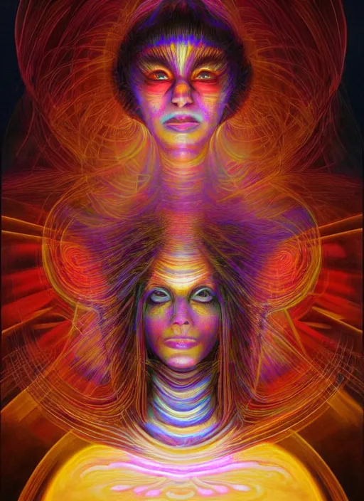 Prompt: portrait ultra dimensional enlightened cult girl shaman, tripping on dmt salvia, psychedelic experience, ascending through the fifth dimension moving at the speed of light and sitting still, ultra high definition, unreal engine 5, hyperrealism, masterpiece composition, by peter kemp, casey weldon, barclay shaw