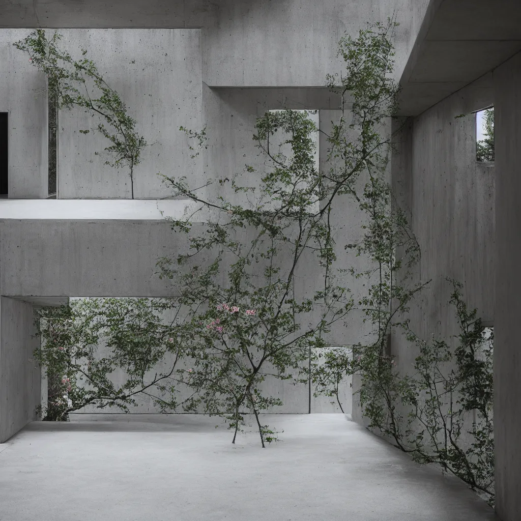 Prompt: photograph of a hallway, concrete, tadao ando, flowers, minimalist, architecture magazine, dezeen, 50mm, pentax, film