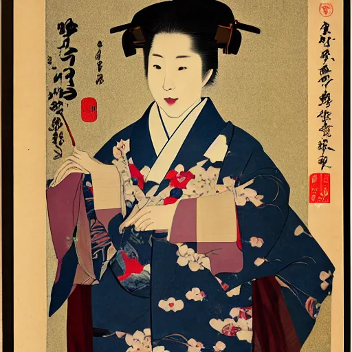 Prompt: a Portrait up to the chest, a Japanese woman, smooth, wearing a kimono made of cherry blossoms,holding a cola can,smiled sardonically, created by Raffaello Sanzi.