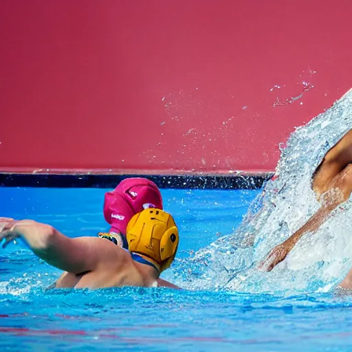 Prompt: a water polo player riding a hippopotamus. sports photograph.