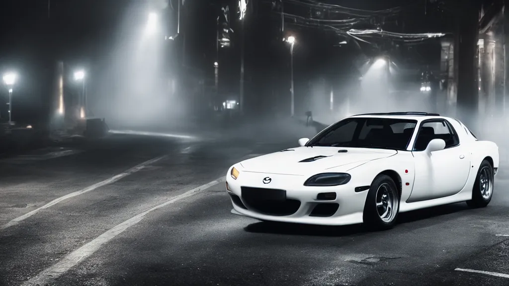 Image similar to mazda rx 7 mazda with pop up headlights, cinematic, long exposure, white balance, 8 k, led, lumen global illumination, fog, ray tracing reflections