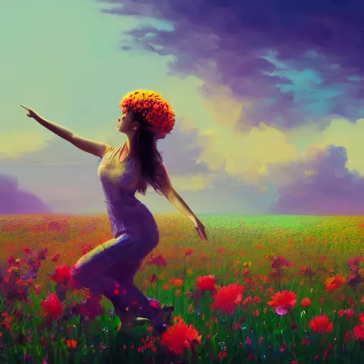 Image similar to head made of giant flowers, girl dancing in a vast flower field, arms behind back, surreal photography, sunrise dramatic light, impressionist painting, colorful clouds, large sky, digital painting, artstation, simon stalenhag, flower face
