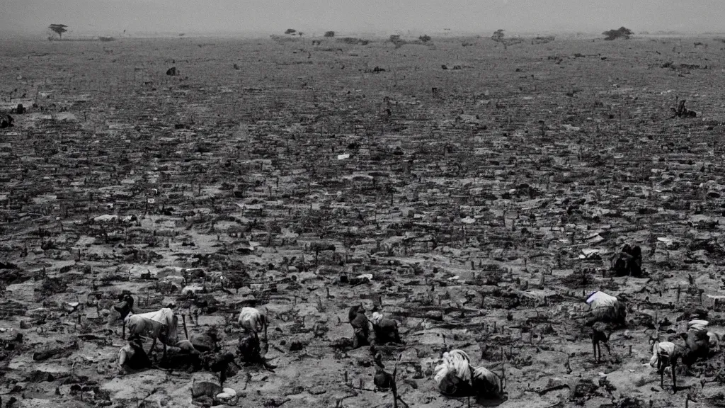 Image similar to 1 9 8 4 famine and drought in ethiopia, new york times, wide - angle, dark, moody, 8 k