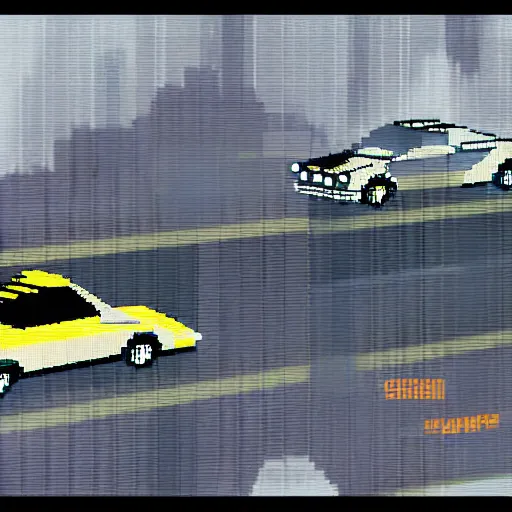 Prompt: Blade runner 2042 car chase scene, cinematic, pixel art