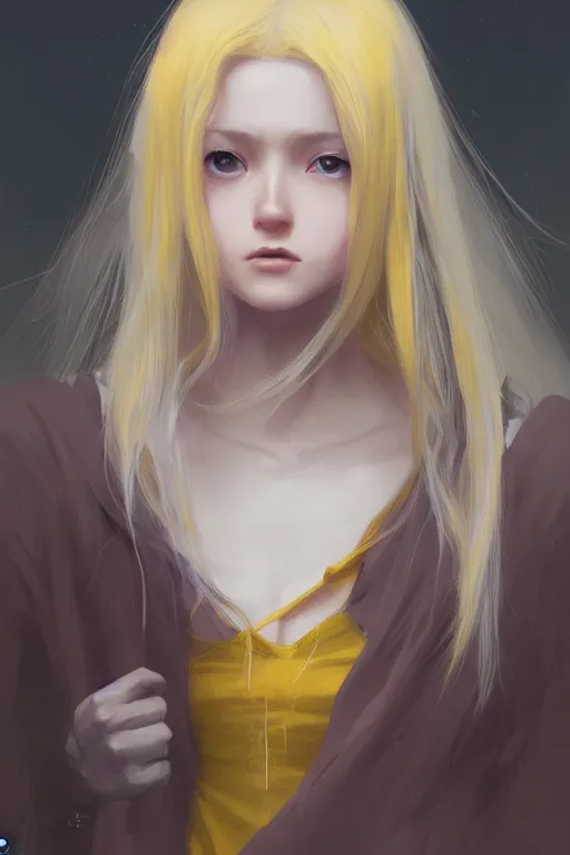 Prompt: girl wizard with long yellow hair wearing a dress, character art, by artgerm, by jeremy lipking, by greg rutkowski, anime style, digital art, fantasy art, octane render, drawing, beautiful girl, highly detailed face