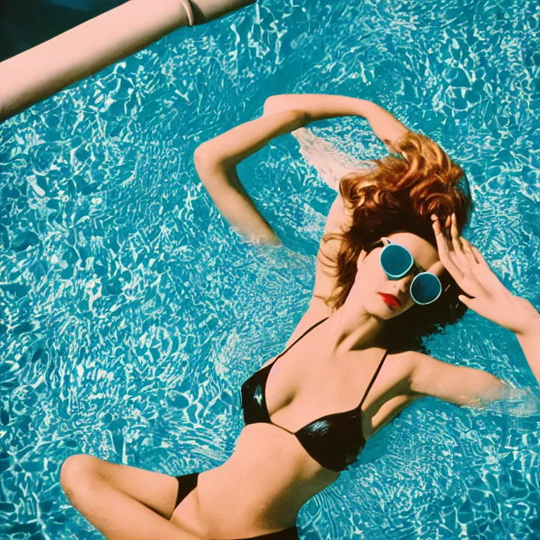 Prompt: Beautiful photogenic retro woman with sunglasses floating on a circular raft in a pool, vintage polaroid photo, wide shot, depth of field, hyperrealistic, 1960s