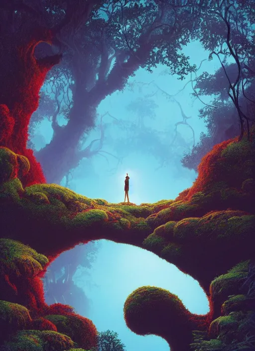 Prompt: breathtakingly beautiful ultrawide angle colour masterpiece dream by roger dean and greg hildebrandt and kilian eng and jean giraud and beeple and studio ghilbi, forest clearing, arch, lake, reflection, symmetry, secret overgrown temple, cloaked person looking over shoulder, incredible sense of depth and perspective and clarity, weird abstract, 8 k