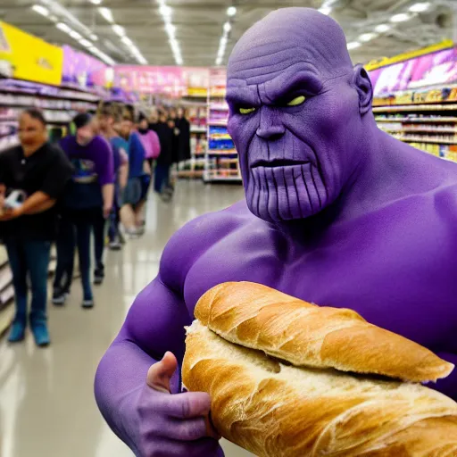 Prompt: thanos grumpily waiting in line at walmart grocery store, holding a baguette, photograph, 16mm f/1.4, 4k