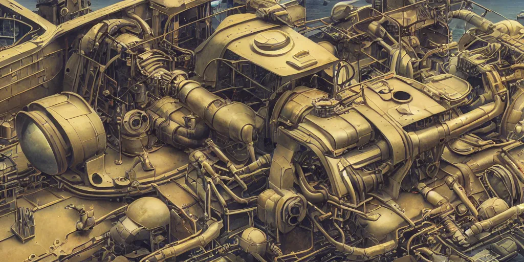 Image similar to collection of exploration of form and shapes, moebius, engine, props, hard surface, panel, simon stalenhag, kitbash, items, gadget, big medium small, close up, vehicles, futuristic, parts, machinery, greebles, insanely detailed, case, hardware, golden ratio, wes anderson color scheme, in watercolor gouache detailed paintings