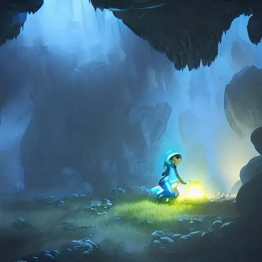Image similar to an adventurer finding a mystical cave with huge magical glowing mushrooms, cold blue light, dark rocks, artstation