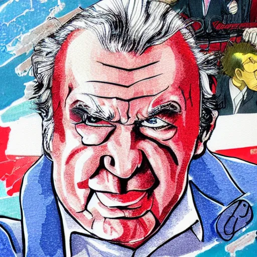 Image similar to milos zeman on a wheel - chair painted in anime style, detailed, villian