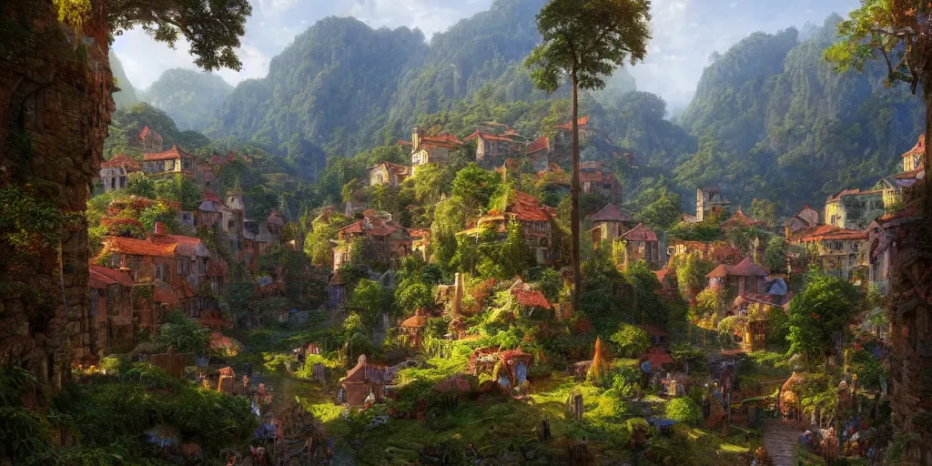 Prompt: Lush valley with a vibrant renaissance town, immaculate highly detailed render by Ted Nasmith, Marc Simonetti, and Andreas Rocha, trending on artstation, HD, 8K, trending on cgsociety, global illumination, sharp, rich contrast, textured, large depth of field, no blur