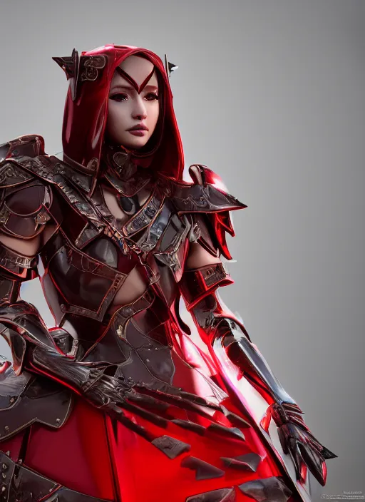 Image similar to Ariana Grande wearing metal and leather fantasy battle armor with a red cloak by Ilya Kushvikov, symmetrical face concept art, octane render unreal engine meta humans, trending on artstation