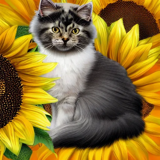 Image similar to Detailed furry silver Siberian cat kissing a black cat with sunflower background, digital art