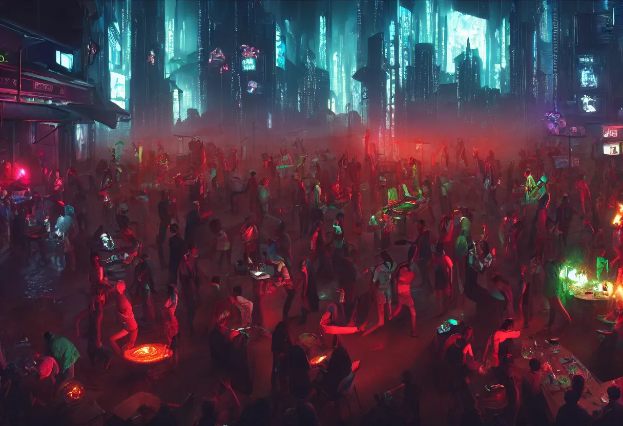 Image similar to a party in monmatre while a scifi and cyberpunk paris is melting down, art noveau, 4 k, high quality, sharp focus, ultra high definition, ultra detailed