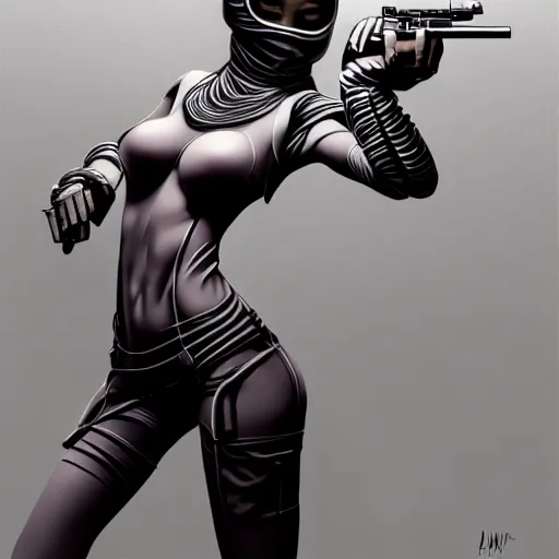 Image similar to cute girl wearing balaclava masks holding a gun, confident pose, radiant light, art by peter lloyd 1 9 8 0, airbrush style, art by hajime sorayama,, intricate, elegant, sharp focus, illustration, highly detailed, concept art, matte, sharp focus, illustration, highly detailed, concept art, h 6 4 0