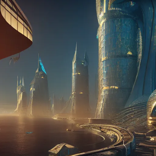 Image similar to a golden fantasy sci fi luxurious city with cerulean oceansides, scandinavian / norse influenced, cinematic, ray traced, octane render, cinematic lighting, ultrarealistic, featured on artstation, 8 k uhd artwork