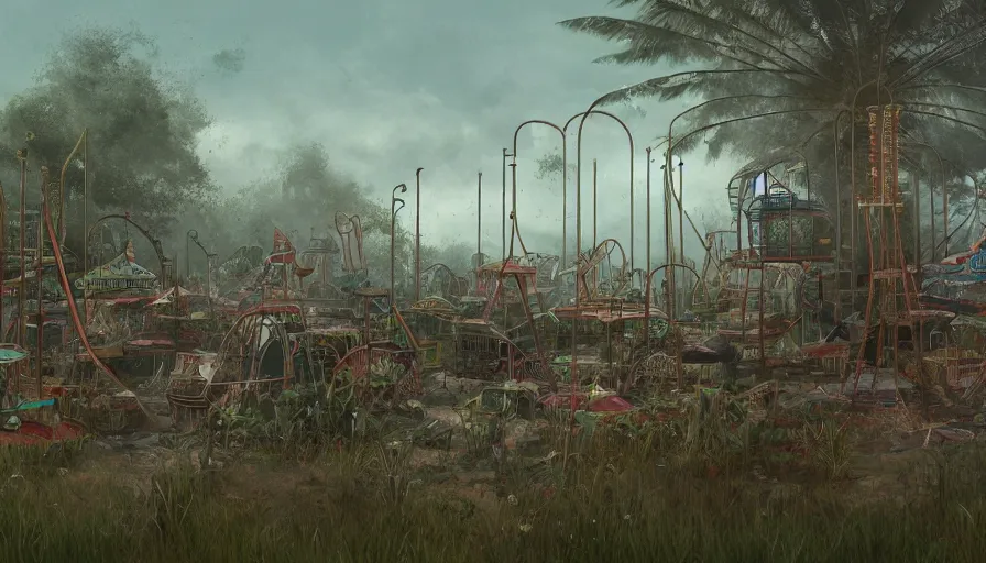 Prompt: Dusty abandoned old fairground covered by vegetation, hyperdetailed, artstation, cgsociety, 8k