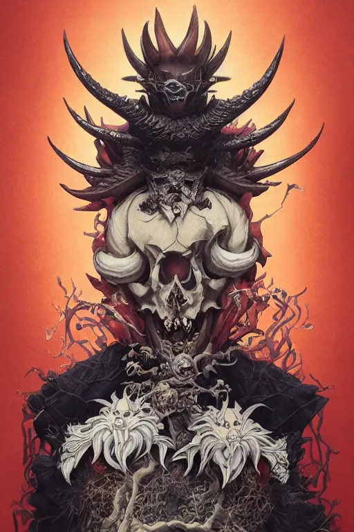 Image similar to a portrait of a japanese devil skull animal illustrated by miyazaki by karol bak, james jean, tom bagshaw, rococo, sharp focus, trending on artstation, cinematic lighting, hyper realism, octane render, 8 k, hyper detailed, vivid, ultra detailed, highly detailed