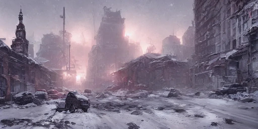 Image similar to An abandoned, post-apocalyptic Helsinki, by Greg Rutkowski, snowy in december, buildings in ruins. Trending on Artstation