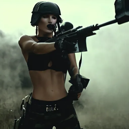 Prompt: cinematic action scene with bella thorne as a commando in an urban battle, black bra, black boy shorts, black boots, back pack, ground mist, still frame