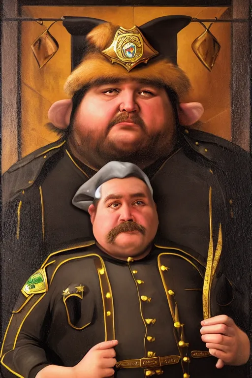 Prompt: high fantasy elf mall cop at a tavern with a sheriff's badge that is fat, shifty, and incompetent, portrait from the chest up, Famous painting by Renaissance Painter Carvagio, Oil Painting, hyper realistic,, 8k UHD scan