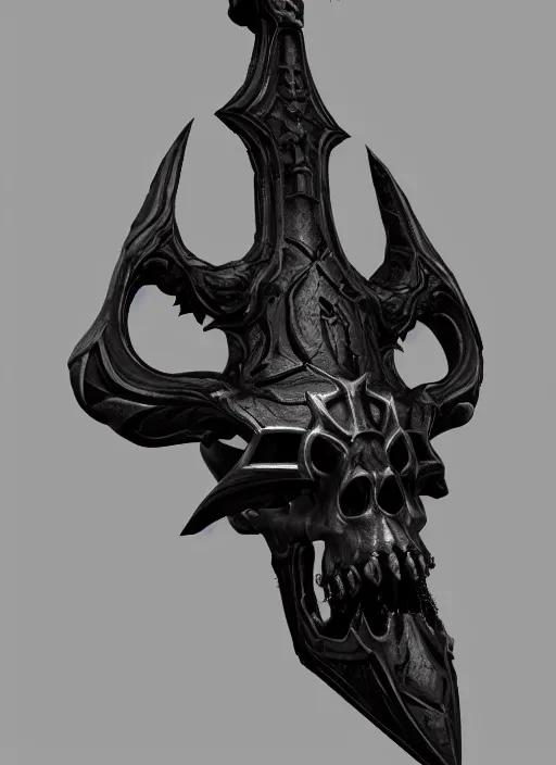 Image similar to a black long sword skull crest, orthographic, ornament, weapon, a 3 d render by dom qwek, front side full, trending on polycount, artstation, hard surface modeling, rendered in maya, zbrush, blender, hd, vray, berserk first person view, symmetry