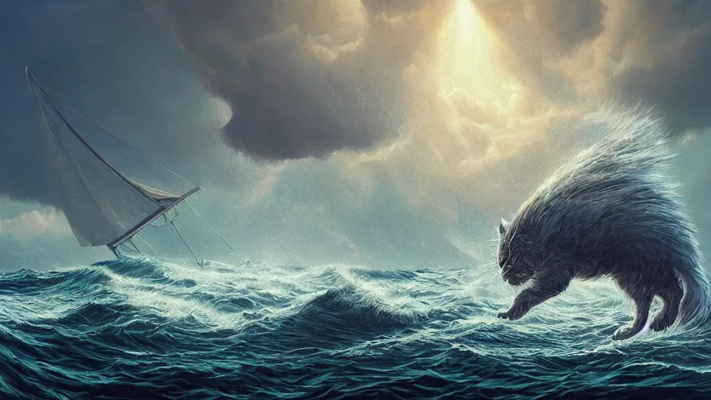 Prompt: a gigantic cat bursting out of a stormy sea attacking a small sail boat, wet fur, giant waves, sunbeams in background, intricate, detailed, volumetric lighting, sharp focus, scenery, photorealism, digital painting, highly detailed, concept art, by simon stalenhag and mark brooks