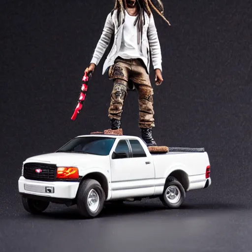 Prompt: travis scott action figure with dreads standing on top of a black rc pickup truck, close up studio photograph, white background