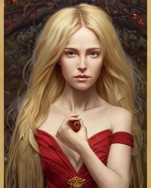 Prompt: Portrait of a blonde Goddess, holds a spark of all creation in her hands, a tiny red dragonlet, intricate dress, wide angle, intricate, elegant, overdetailed, professional digital painting, artstation, concept art, smooth, sharp focus, 8K, art by artgerm and greg rutkowski and alphonse mucha and loish and WLOP