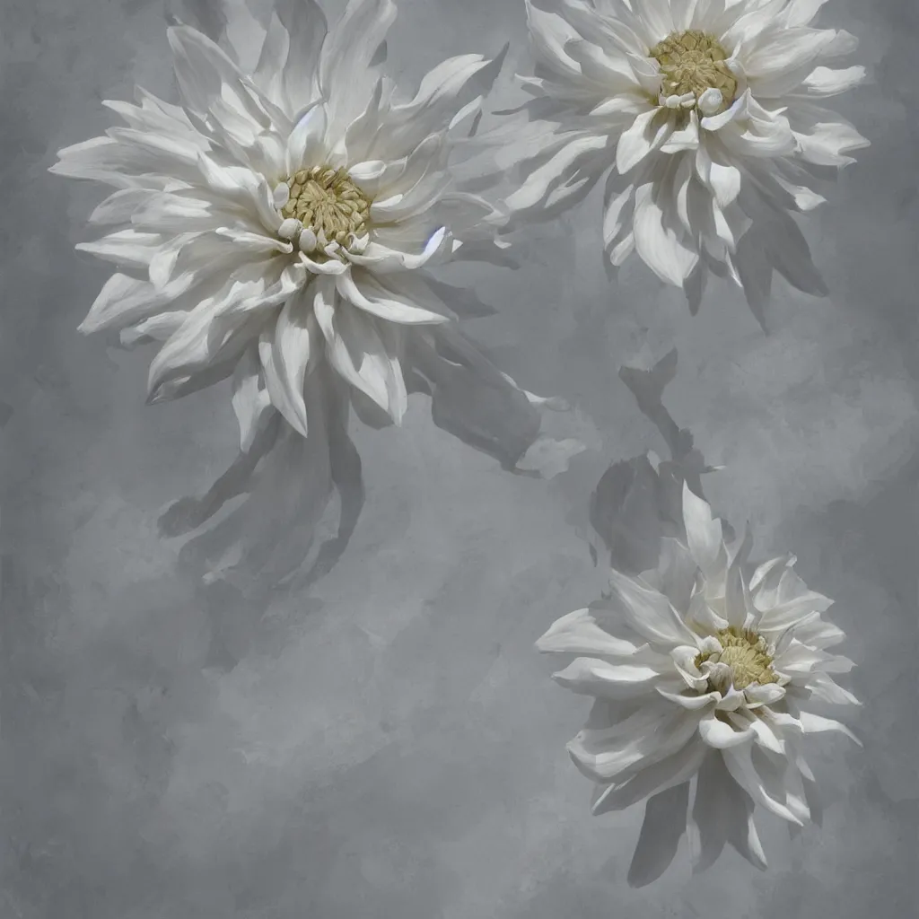 Image similar to painting of a beautiful white dahlia flower trending on artstation in the style of greg rutkowski