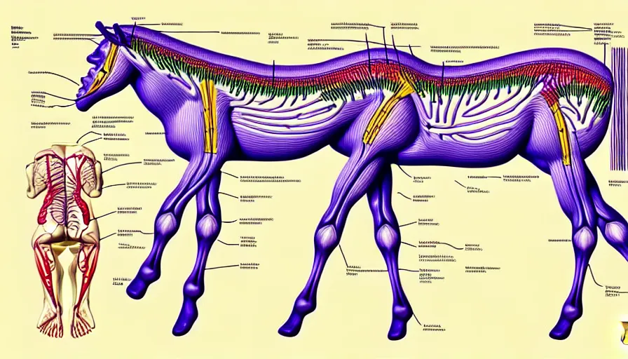 Image similar to psychedelic anatomically accurate labeled medical diagram of centaur, intricate parts, fine details, hyper realistic, elegant minimalism, by seichen, surreal
