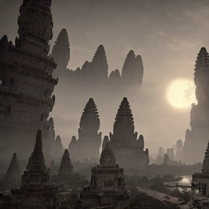 Image similar to noir skyline from utopian cambodia, epic, volumetric lighting, oriental, unreal engine, detailed, by greg rutkowski, by adolph menzel, by takashi murakami