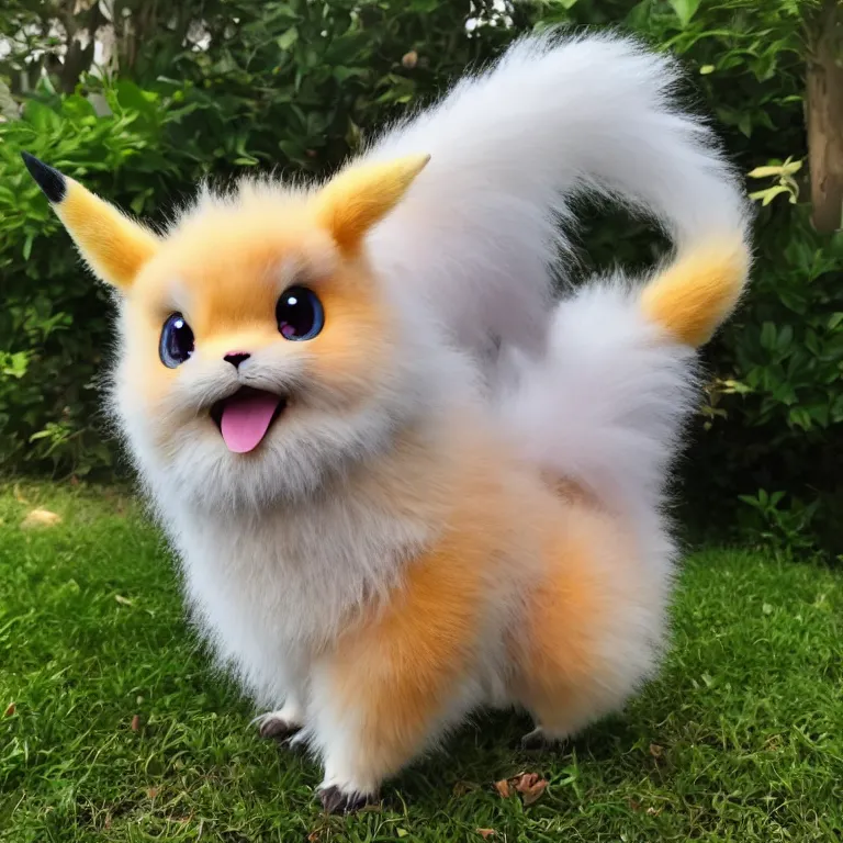 Image similar to real life pokemon, cute!!!, content!!!, mischievous!!!, adorable!!!, fluffy!!!, ultra realistic!!!, golden hour, sharp focus