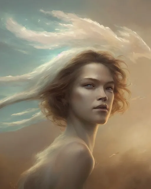 Image similar to a beautiful portrait of a beautiful wind goddess fading into the clouds by Greg Rutkowski and Raymond Swanland, Trending on Artstation, ultra realistic digital art