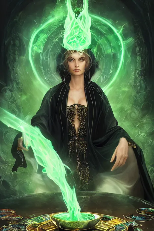 Prompt: a sorceress wearing a black robe with gold embroidery, sitting at table, casting a spell, green glows, painted by artgerm and tom bagshaw and wlop and stefan kostic, in the style of magic the gathering, highly detailed digital art