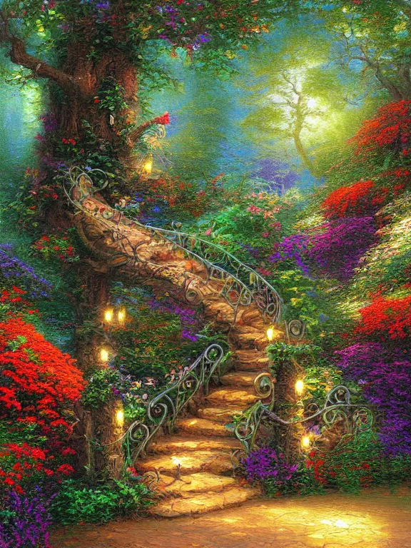 Prompt: digital painting detailed forest tree with door and stairs, magical forest flowers mushrooms painted by Ralph Horsley and Thomas Kinkade