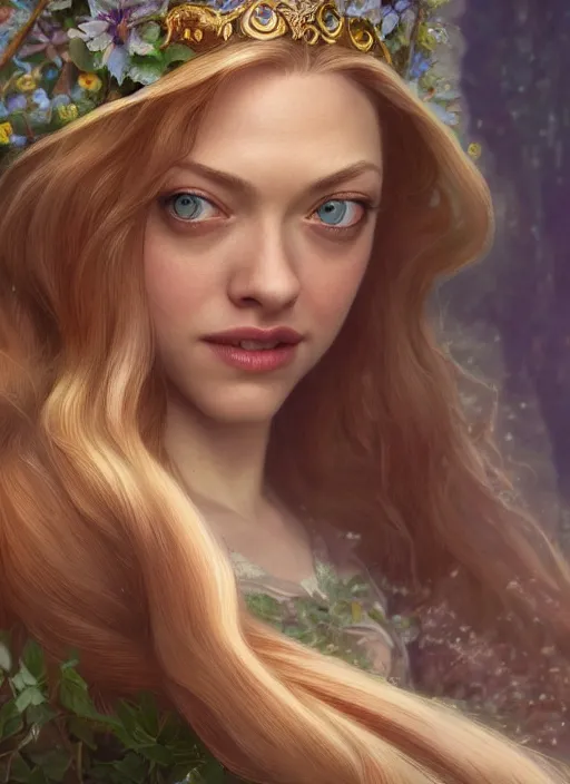 Image similar to beautiful young happy amanda seyfried as the rapunzel princess, closeup, d & d, fantasy, intricate, elegant, highly detailed, digital painting, artstation, concept art, matte, sharp focus, illustration, art by artgerm and greg rutkowski and alphonse mucha