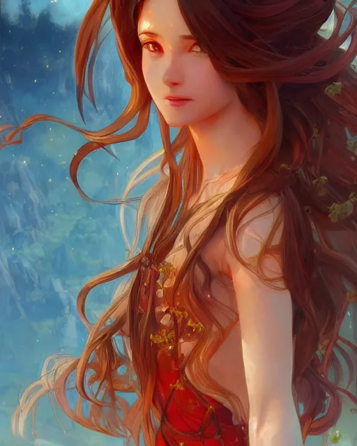 Image similar to beautiful long haired anime girl, fire dress, flames everywhere, highly detailed, digital painting, artstation, concept art, smooth, sharp focus, illustration, art by artgerm and greg rutkowski and alphonse mucha