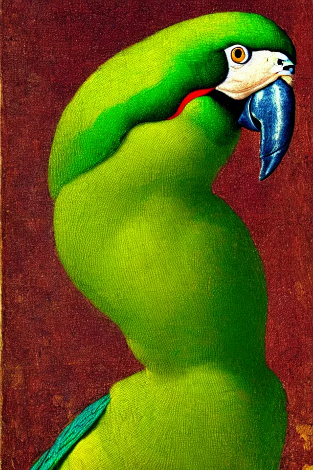 Image similar to a renaissance close up portrait of a green duck parrot as a ninja turtle, centered, triumphant, beautiful intricate painting