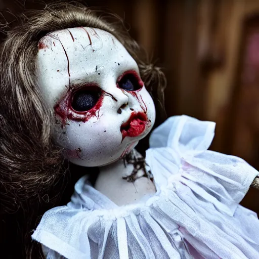 Image similar to macabre abandoned doll, blood stained, few broken hairs, one eye, terrifying